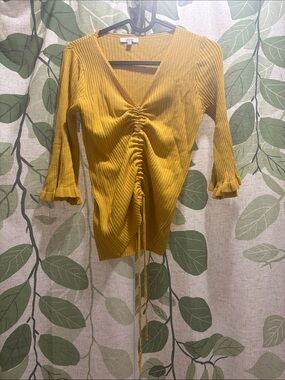 Yellow Ribbed V-Neck Drawstring Tunic Top